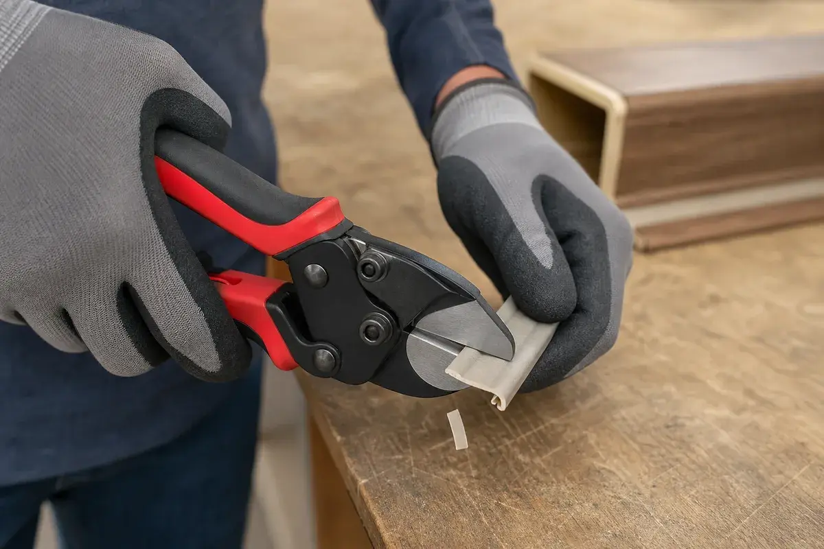 Original illustration of a handheld compound cutter trimming a small vinyl stair-nosing offcut