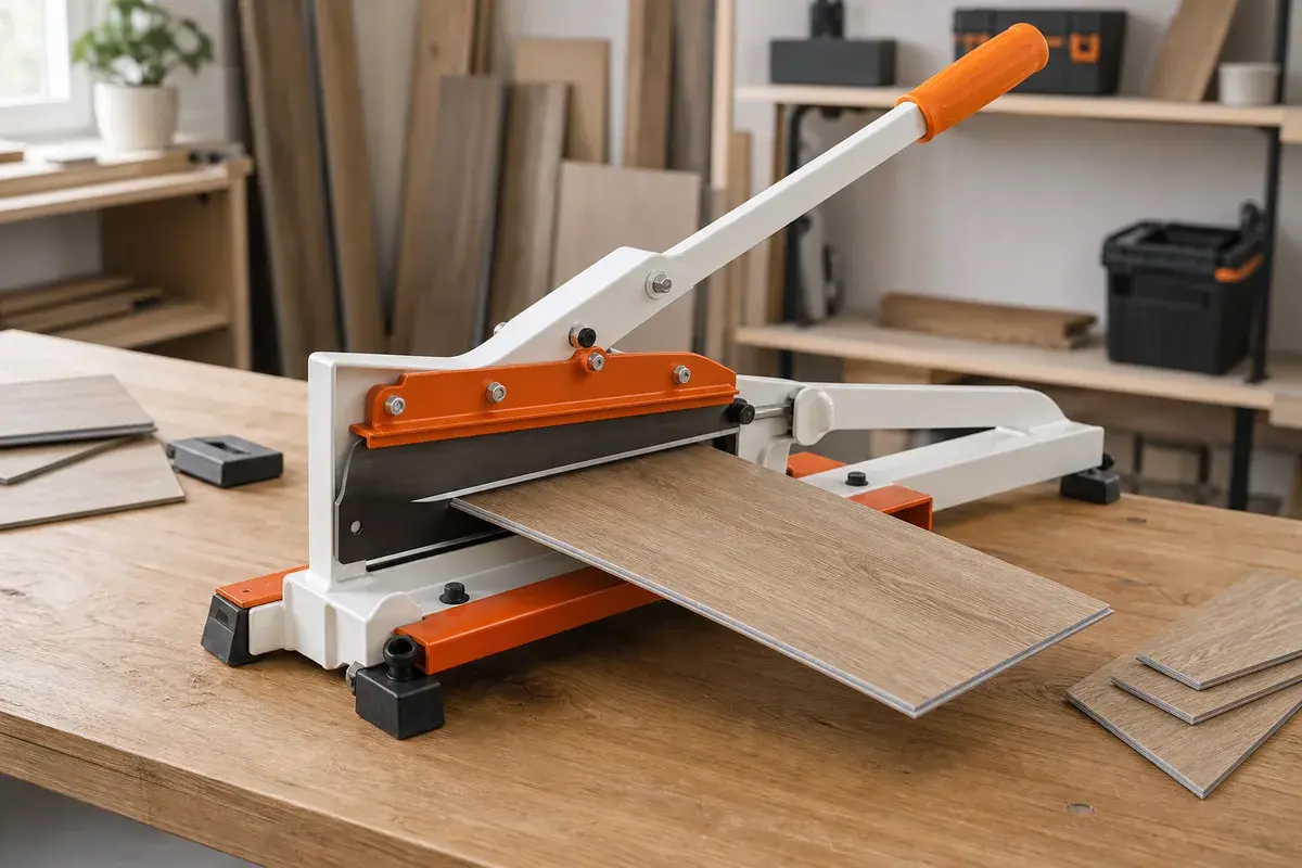 Original illustration of a manual flooring cutter making a straight cut through an LVP plank
